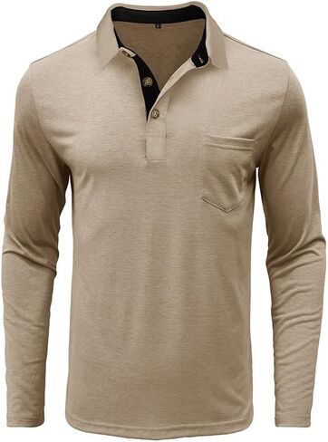 Men's Casual Polo Shirts Classic Button Basic Long Sleeve Shirt Solid Color Cotton Tees Stylish Tops in Saudi Arabia