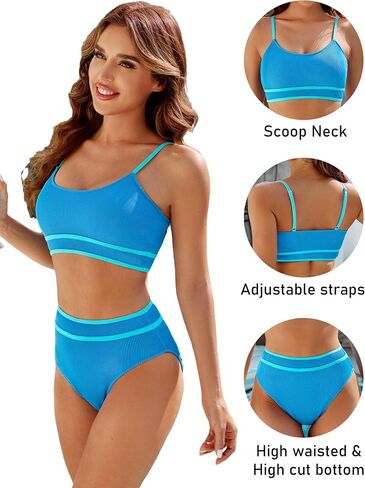 BMJL Women's High Waisted Bikini Ribbed Two Piece Swimsuit High Cut Color Block Adjustable Straps Bathing Suit in Saudi Arabia
