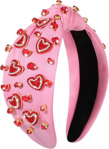 NVENF Valentine’s Day Headband for Women Love Heart Headband Jeweled Crystal Rhinestone Knotted Headband Red Pink Wide Top Knot Headband Valentine’s Day Hair Accessories Gifts (Letter 1 - Pink) in Saudi Arabia