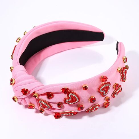 NVENF Valentine’s Day Headband for Women Love Heart Headband Jeweled Crystal Rhinestone Knotted Headband Red Pink Wide Top Knot Headband Valentine’s Day Hair Accessories Gifts (Letter 1 - Pink) in Saudi Arabia