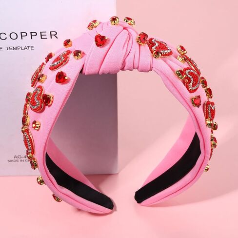 NVENF Valentine’s Day Headband for Women Love Heart Headband Jeweled Crystal Rhinestone Knotted Headband Red Pink Wide Top Knot Headband Valentine’s Day Hair Accessories Gifts (Letter 1 - Pink) in Saudi Arabia