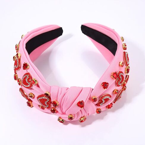 NVENF Valentine’s Day Headband for Women Love Heart Headband Jeweled Crystal Rhinestone Knotted Headband Red Pink Wide Top Knot Headband Valentine’s Day Hair Accessories Gifts (Letter 1 - Pink) in Saudi Arabia