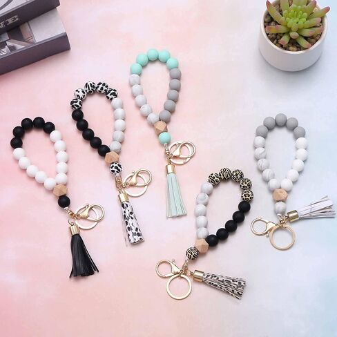 BAOSIWA Silicone Key Ring Bracelet Wristlet Keychain Unique Beaded Bangle Key Chains for Women with Leather Tassel in Kuwait