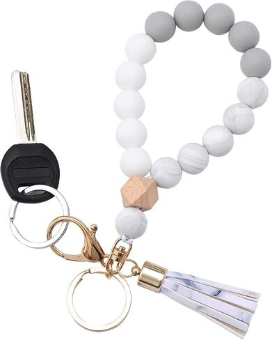 BAOSIWA Silicone Key Ring Bracelet Wristlet Keychain Unique Beaded Bangle Key Chains for Women with Leather Tassel in Kuwait