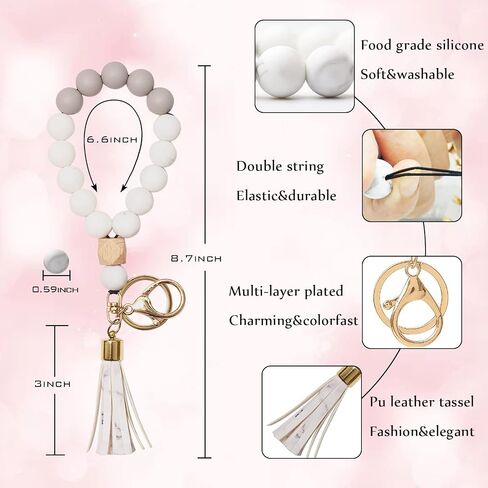 BAOSIWA Silicone Key Ring Bracelet Wristlet Keychain Unique Beaded Bangle Key Chains for Women with Leather Tassel in Kuwait