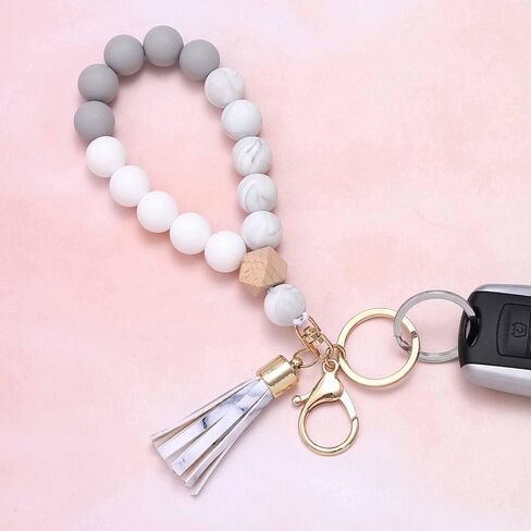 BAOSIWA Silicone Key Ring Bracelet Wristlet Keychain Unique Beaded Bangle Key Chains for Women with Leather Tassel in Kuwait