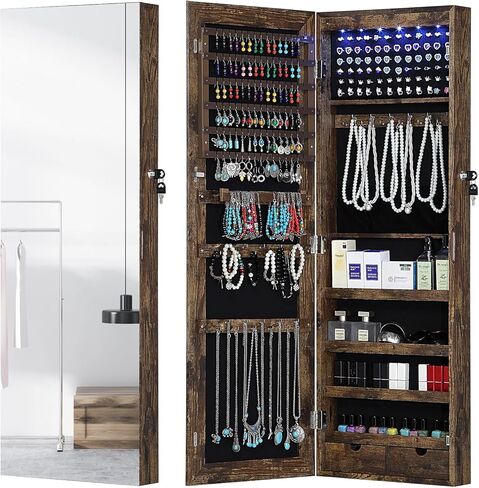 خزانة مجوهرات جيسار 6 مصابيح LED بمرآة، منظم خزانة مجوهرات مثبت على الحائط/الباب مع مرآة كاملة الطول، خزانة تخزين معلقة ذات سعة كبيرة قابلة للقفل، بطول 42.5 بوصة، درجان، 4 أرفف، أبيض in Kuwait