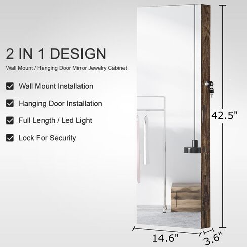 خزانة مجوهرات جيسار 6 مصابيح LED بمرآة، منظم خزانة مجوهرات مثبت على الحائط/الباب مع مرآة كاملة الطول، خزانة تخزين معلقة ذات سعة كبيرة قابلة للقفل، بطول 42.5 بوصة، درجان، 4 أرفف، أبيض in Kuwait