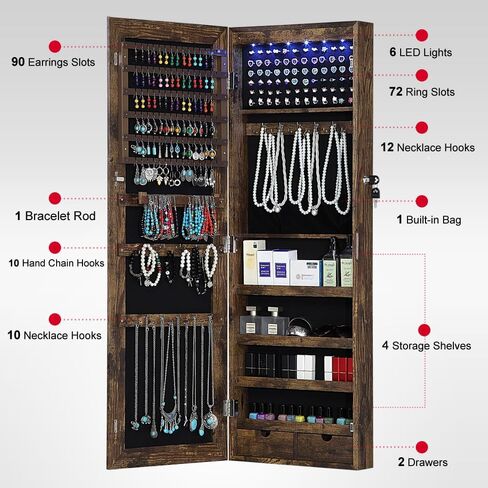 خزانة مجوهرات جيسار 6 مصابيح LED بمرآة، منظم خزانة مجوهرات مثبت على الحائط/الباب مع مرآة كاملة الطول، خزانة تخزين معلقة ذات سعة كبيرة قابلة للقفل، بطول 42.5 بوصة، درجان، 4 أرفف، أبيض in Kuwait