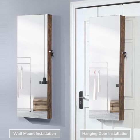 خزانة مجوهرات جيسار 6 مصابيح LED بمرآة، منظم خزانة مجوهرات مثبت على الحائط/الباب مع مرآة كاملة الطول، خزانة تخزين معلقة ذات سعة كبيرة قابلة للقفل، بطول 42.5 بوصة، درجان، 4 أرفف، أبيض in Kuwait