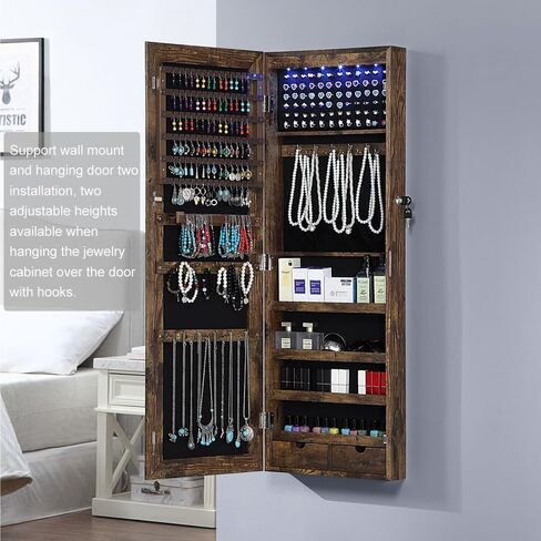 خزانة مجوهرات جيسار 6 مصابيح LED بمرآة، منظم خزانة مجوهرات مثبت على الحائط/الباب مع مرآة كاملة الطول، خزانة تخزين معلقة ذات سعة كبيرة قابلة للقفل، بطول 42.5 بوصة، درجان، 4 أرفف، أبيض in Kuwait