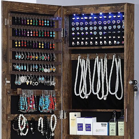 خزانة مجوهرات جيسار 6 مصابيح LED بمرآة، منظم خزانة مجوهرات مثبت على الحائط/الباب مع مرآة كاملة الطول، خزانة تخزين معلقة ذات سعة كبيرة قابلة للقفل، بطول 42.5 بوصة، درجان، 4 أرفف، أبيض in Kuwait