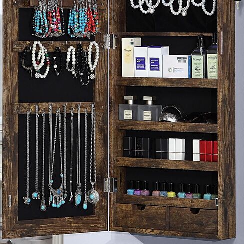 خزانة مجوهرات جيسار 6 مصابيح LED بمرآة، منظم خزانة مجوهرات مثبت على الحائط/الباب مع مرآة كاملة الطول، خزانة تخزين معلقة ذات سعة كبيرة قابلة للقفل، بطول 42.5 بوصة، درجان، 4 أرفف، أبيض in Kuwait