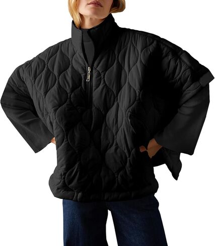 Fazortev Women's Quilted Puffer Jackets Oversized Lightweight Down Coat Half Sleeve Zipper Loose Button Hem Poncho in Saudi Arabia