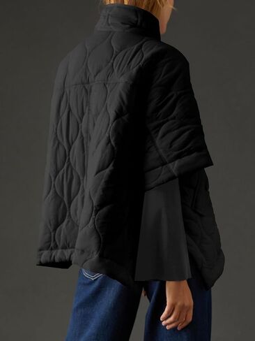 Fazortev Women's Quilted Puffer Jackets Oversized Lightweight Down Coat Half Sleeve Zipper Loose Button Hem Poncho in Saudi Arabia