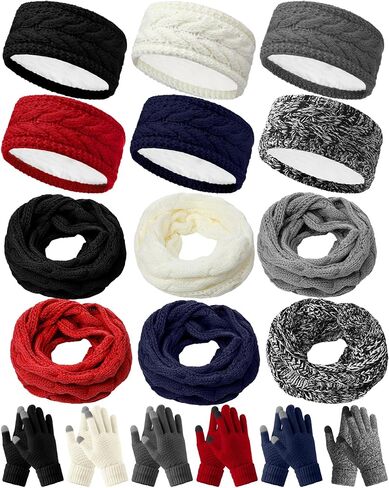 Suhine 18 Pcs Headband Glove Scarf Set Women's Cold Weather Sets, Include 6 Crochet Turban Headband Ear Warmer Headbands 6 Pairs Winter Touchscreen Gloves 6 Circle Loop Knitted Scarves for Daily Wear in Saudi Arabia