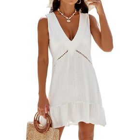 BMJL Womens Swimsuit Cover Up V Neck Bathing Suit Cover Ups Eyelet Beach Dress Tank Swimwear Coverups