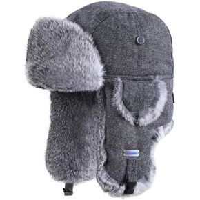 Winter Trapper Hat,100% Real Rabbit Fur Russian Ushanka Aviator Hunting Ski Hat Winter Hat with Ear Flaps