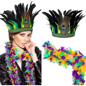 Mardi Gras Peacock Feather Fascinator and Chandelle Feather Boa Decorative Feather Headpiece Indian Headdress Carnival Costume Feather Boas for Party Dress up Mardi Gras Accessories, Multicolor, One in Kuwait