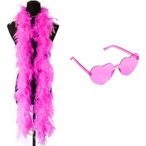 Hot Pink Feather Boa with Heart Rimless Sunglasses,48inch Feather Boa Scarf Feather Boa Costume Accessory For Dancing,Weddings,Parties,Christmas Cosplay,Halloween - Natural Turkey Feathers in Kuwait