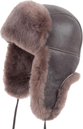 Zessano Leather Aviator Russian Ushanka Trapper Winter Fur Hat - Unisex Shearling 100% Leather Sheepskin Hats for Men Women in Kuwait