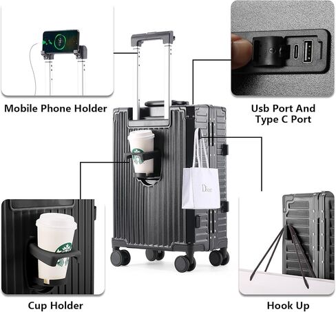 TLIPPY Carry On Luggage 22x14x9 Airline Approved - Luggage with Cup Holder, Front Pocket, USB Port, Aluminum Frame Carry On Suitcases with Spinner Wheels and TSA Lock(Grey, 20-lnch) in Saudi Arabia