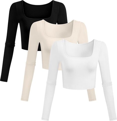 3 قطع من قمصان Riyiper النسائية ذات الأكمام الطويلة، قمصان قصيرة ضيقة برقبة مربعة للتمرين، قمصان رياضية أساسية كاجوال in Kuwait