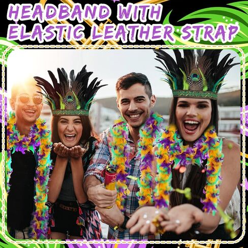 Mardi Gras Peacock Feather Fascinator and Chandelle Feather Boa Decorative Feather Headpiece Indian Headdress Carnival Costume Feather Boas for Party Dress up Mardi Gras Accessories, Multicolor, One in Kuwait