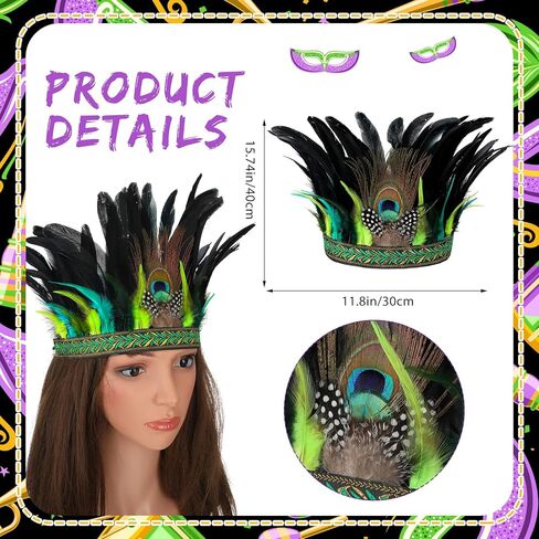 Mardi Gras Peacock Feather Fascinator and Chandelle Feather Boa Decorative Feather Headpiece Indian Headdress Carnival Costume Feather Boas for Party Dress up Mardi Gras Accessories, Multicolor, One in Kuwait