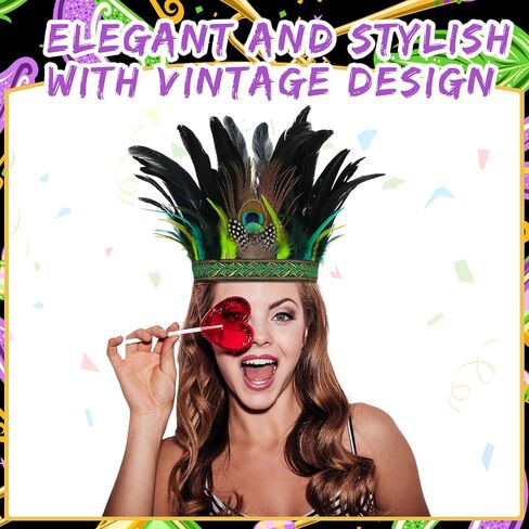 Mardi Gras Peacock Feather Fascinator and Chandelle Feather Boa Decorative Feather Headpiece Indian Headdress Carnival Costume Feather Boas for Party Dress up Mardi Gras Accessories, Multicolor, One in Kuwait