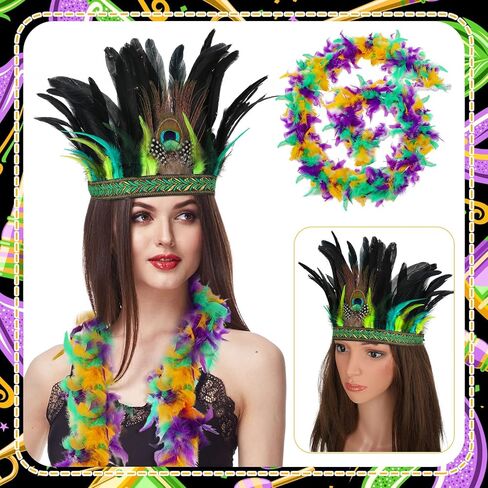 Mardi Gras Peacock Feather Fascinator and Chandelle Feather Boa Decorative Feather Headpiece Indian Headdress Carnival Costume Feather Boas for Party Dress up Mardi Gras Accessories, Multicolor, One in Kuwait
