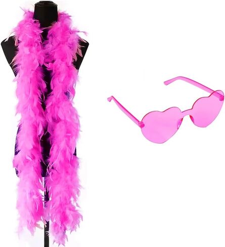 Hot Pink Feather Boa with Heart Rimless Sunglasses,48inch Feather Boa Scarf Feather Boa Costume Accessory For Dancing,Weddings,Parties,Christmas Cosplay,Halloween - Natural Turkey Feathers in Kuwait