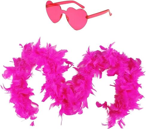 Hot Pink Feather Boa with Heart Rimless Sunglasses,48inch Feather Boa Scarf Feather Boa Costume Accessory For Dancing,Weddings,Parties,Christmas Cosplay,Halloween - Natural Turkey Feathers in Kuwait