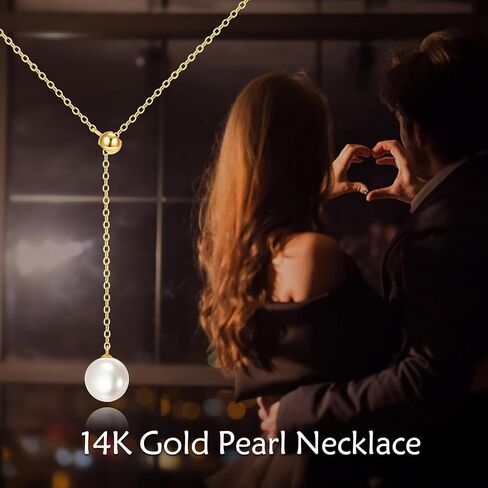 قلادات إنفينيتي من اللؤلؤ الذهبي عيار 14 قيراط للنساء (8 مم لؤلؤ المياه العذبة AAA)، قلادة هدايا من الذهب الحقيقي لأمها 16 بوصة - 18 بوصة in Kuwait