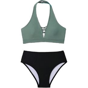OYOANGLE Girl's 2 Pieces Bikini Swimsuit Colorblock Crisscross Halter Bikini Set Summer Fashion Bathing Suit in Saudi Arabia