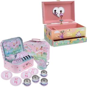 صندوق تخزين المجوهرات الموسيقية للفتيات من Jewelkeeper مع درج قابل للسحب، راقصة باليه سوداء، حزمة تصميم الملكة الصغيرة مع 15 قطعة من لعبة التظاهر للفتيات ومجموعة شاي من القصدير وحقيبة حمل - تصميم راقصة الباليه in Kuwait