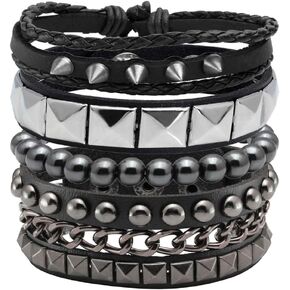 Eigso 4 Pcs Punk Leather Rock Bracelets for Men Women Retro Classic Spiked Metal Cuff Bracelet Set for Man Woman