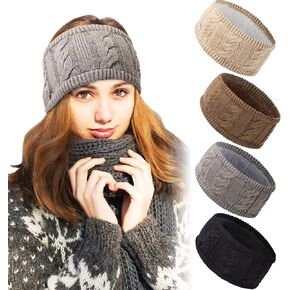 Syhood 4 Pieces Ear Wamer Heaband Winter Warmer Headband Lined Cable Knit Ear Band Covers Stretch Soft Ear Warmer Headband for Women Men (Black, Dark Gray, Light Gray, Beige) in Saudi Arabia