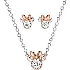 Disney Womens Crystal Minnie Mouse Necklace and Stud Earrings- Silver Plated Minnie Mouse Earrings and Matching Necklace Jewelry in Saudi Arabia