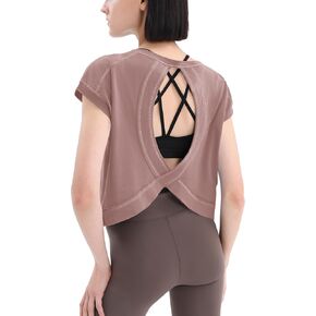 Loovoo Women's Open Back Workout Crop Tops Short Sleeve Yoga Shirts Cute Athletic Running Casual Backless Top Loose Fit in Kuwait