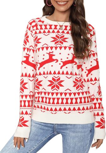 سارين ماثيوز سانتا البلوزات للنساء كم طويل فضفاض دافئ متماسكة البلوز عطلة قبيحة عيد الميلاد الرنة سترة in Kuwait