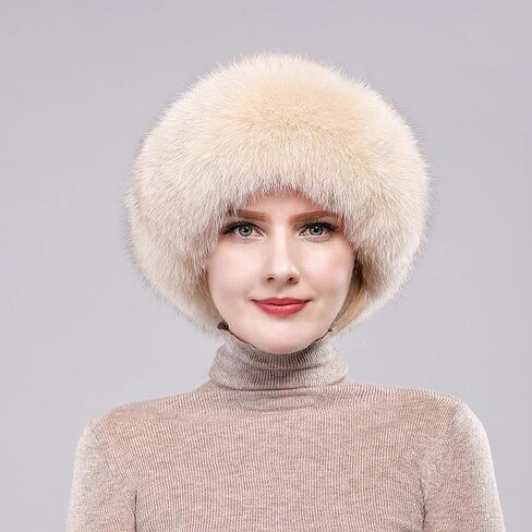 Winter Russian Fur Hat for Women Girls Warm Knitted Mink Real Fur Headband Fluffy Furry Hat with Fox Brim Outdoor in Saudi Arabia