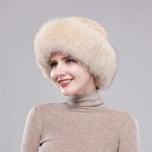 Winter Russian Fur Hat for Women Girls Warm Knitted Mink Real Fur Headband Fluffy Furry Hat with Fox Brim Outdoor in Saudi Arabia