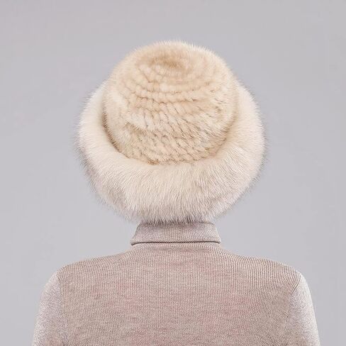 Winter Russian Fur Hat for Women Girls Warm Knitted Mink Real Fur Headband Fluffy Furry Hat with Fox Brim Outdoor in Saudi Arabia