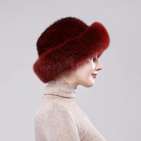 Winter Russian Fur Hat for Women Girls Warm Knitted Mink Real Fur Headband Fluffy Furry Hat with Fox Brim Outdoor in Saudi Arabia