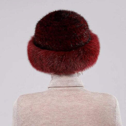 Winter Russian Fur Hat for Women Girls Warm Knitted Mink Real Fur Headband Fluffy Furry Hat with Fox Brim Outdoor in Saudi Arabia