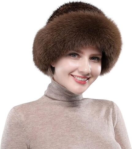 Winter Russian Fur Hat for Women Girls Warm Knitted Mink Real Fur Headband Fluffy Furry Hat with Fox Brim Outdoor in Saudi Arabia