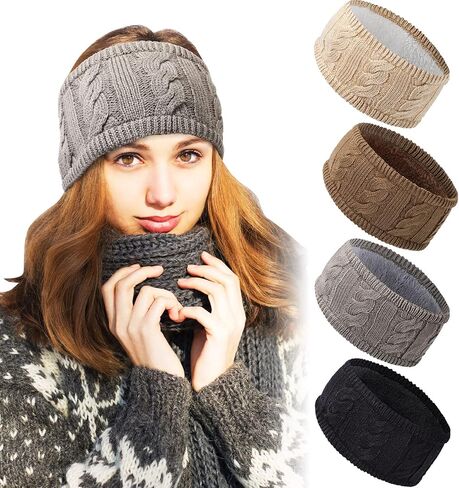 Syhood 4 Pieces Ear Wamer Heaband Winter Warmer Headband Lined Cable Knit Ear Band Covers Stretch Soft Ear Warmer Headband for Women Men (Black, Dark Gray, Light Gray, Beige) in Saudi Arabia