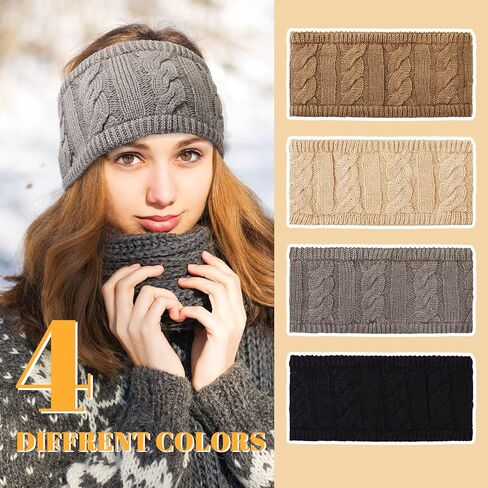 Syhood 4 Pieces Ear Wamer Heaband Winter Warmer Headband Lined Cable Knit Ear Band Covers Stretch Soft Ear Warmer Headband for Women Men (Black, Dark Gray, Light Gray, Beige) in Saudi Arabia