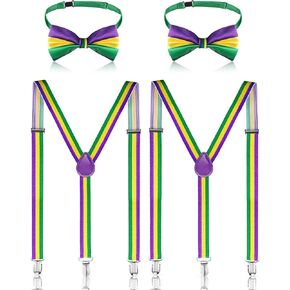 4 Pieces Mardi Gras Suspenders Mardi Gras Mens Costume Suspenders and Bowtie Set, Adjustable Elastic Y Back Style Suspender Party Supplies Suspenders Shoulder Straps for Boys and Men in Kuwait